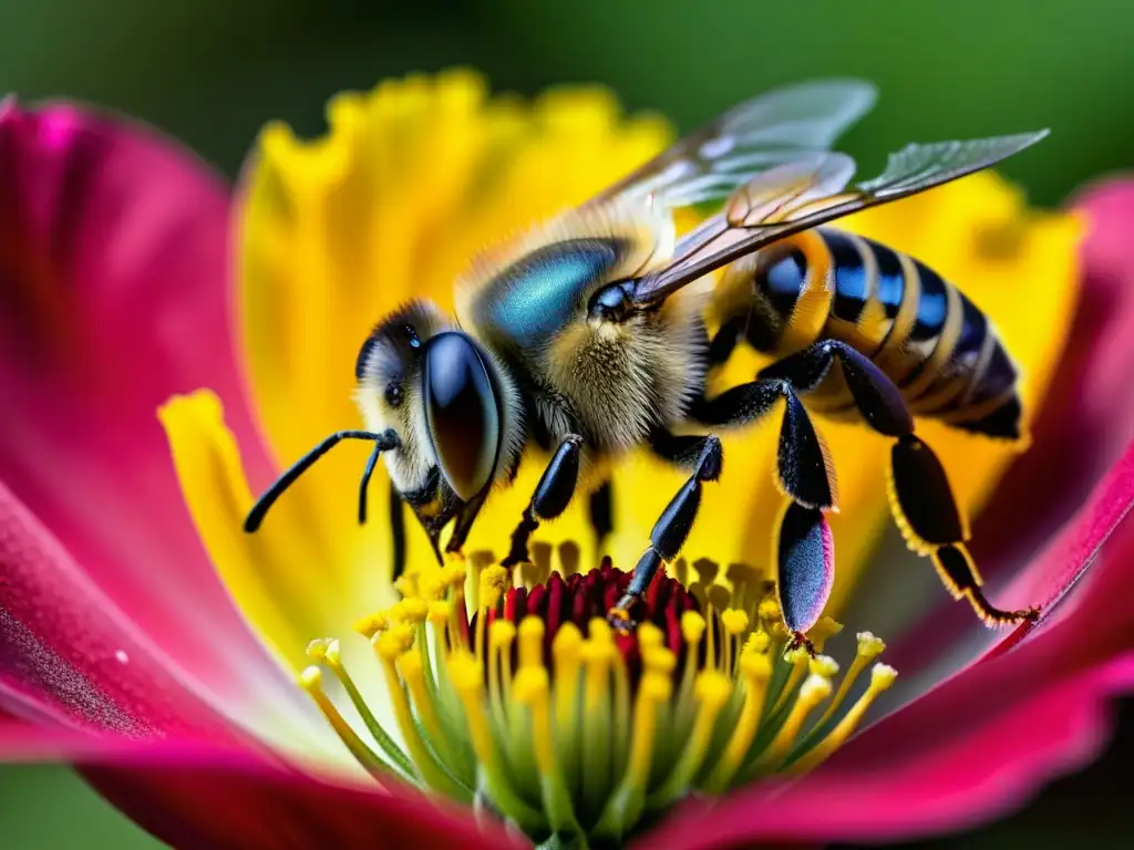 Una abeja cubierta de polen amarillo vibrante, revoloteando sobre una amapola roja