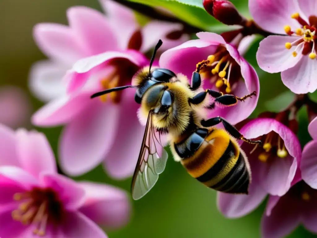 Una abeja delicada polinizando una flor rosa vibrante, destaca el impacto cultural de las especies introducidas en la agricultura