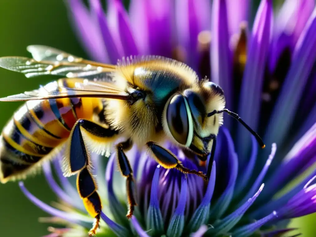 Una abeja europea recolectando néctar de un cardo morado, mostrando detalle y belleza