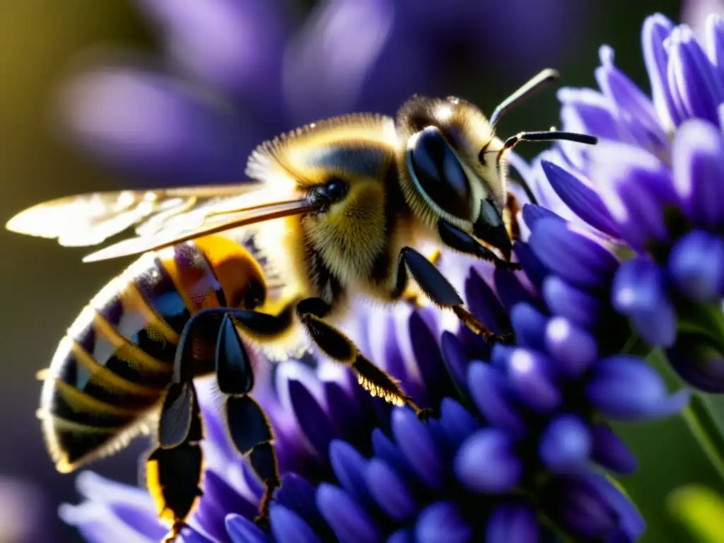 Una abeja europea recolectando néctar de lavanda púrpura, mostrando la belleza de la polinización