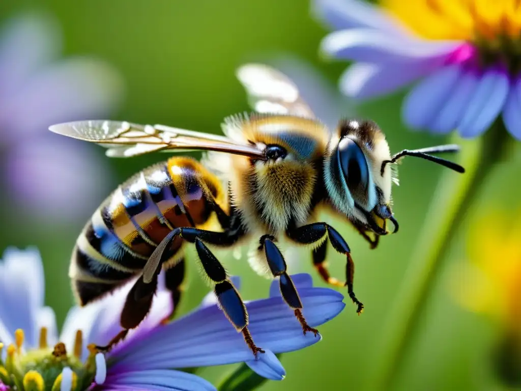 Una abeja vibrante polinizando flores silvestres orgánicas en un prado soleado