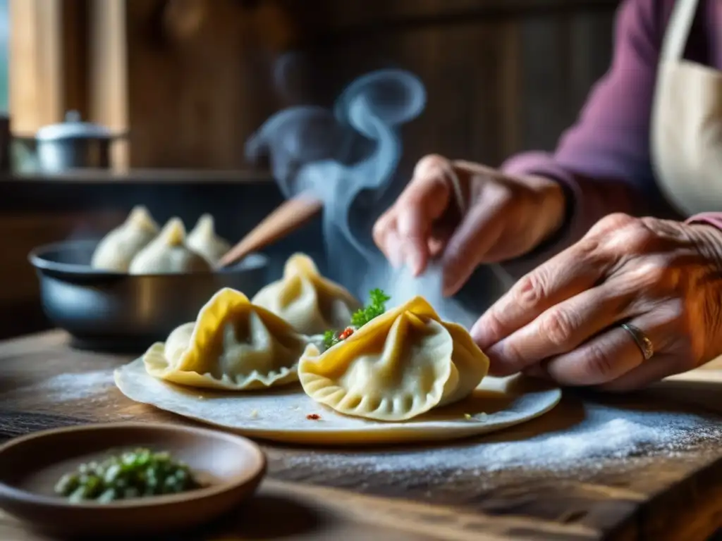 Una abuela experta moldea pierogi en una cocina europea del Este, reflejando la resistencia en la Guerra Fría