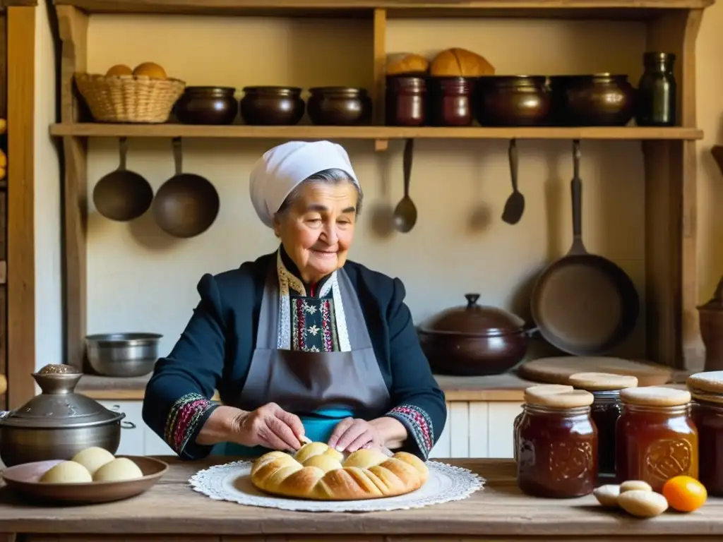 Una abuela moldava en su cocina tradicional, amasando con destreza mientras sonríe, rodeada de utensilios antiguos y conservas caseras