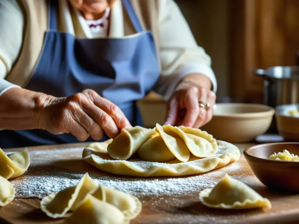 Una abuela polaca experta moldeando Pierogi en una cocina acogedora, resaltando la historia y cultura polaca