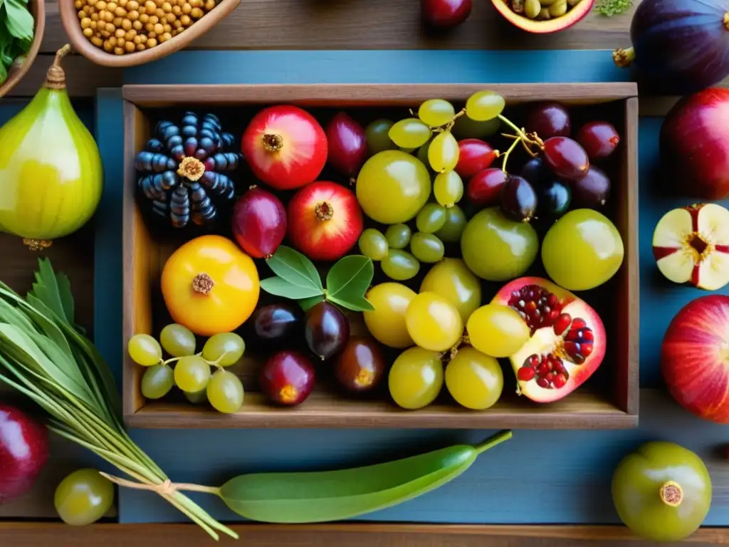 Una abundancia de alimentos bíblicos en la nutrición: frutas y vegetales vibrantes dispuestos con detalle en mesa rústica