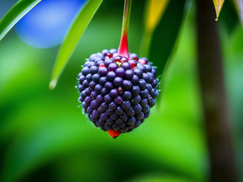 Un açaí amazónico goteando rocío en la selva, muestra su vibrante color morado y textura