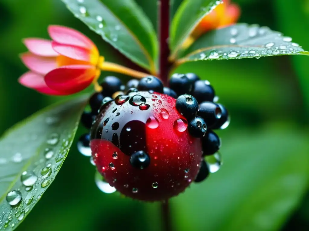 Un acai rojo brillante en la selva amazónica, rodeado de hojas verdes y flores delicadas