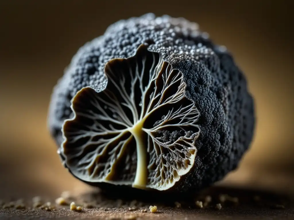 Exquisita textura de trufa negra: detalle ultra definido Un acercamiento detallado de una trufa negra brillante en contraste con su textura única, mostrando sus poros y grietas