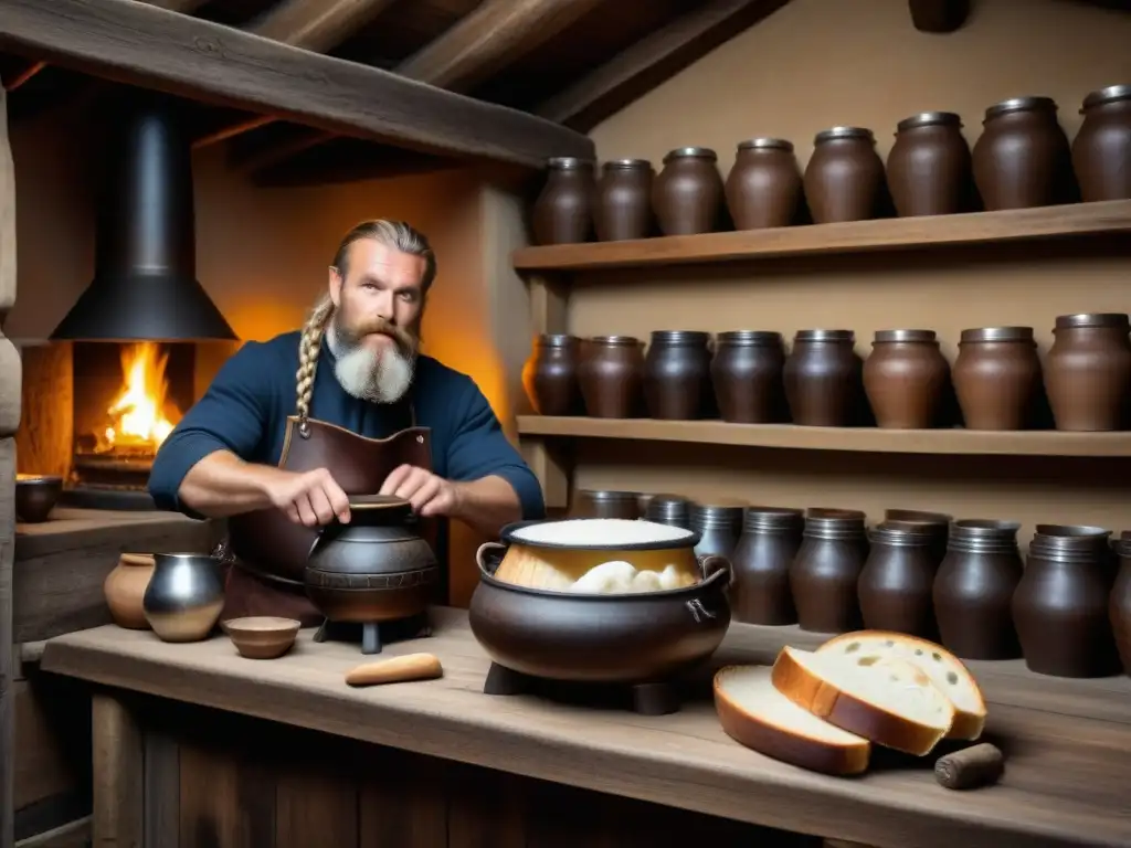 Un acogedor interior de taberna vikinga con un cervecero barbudo elaborando cerveza, rodeado de recetas históricas cocina vikinga