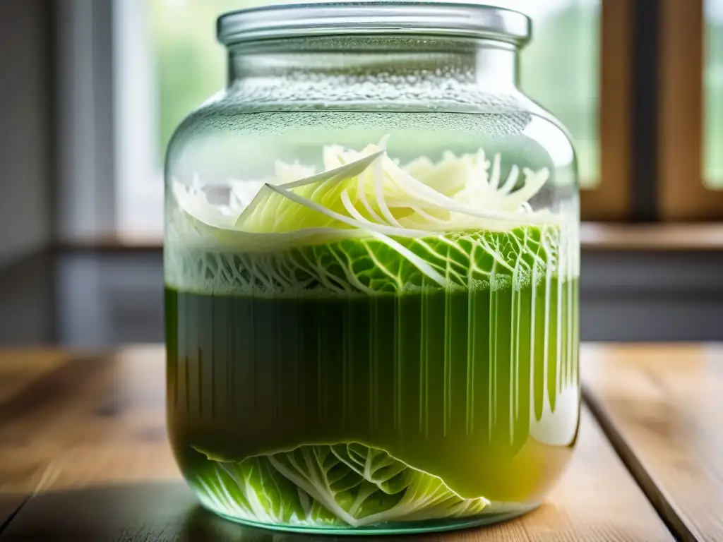 Sauerkraut en fermentación: texturas y colores vibrantes Fermentación activa de sauerkraut: beneficios salud tradición en una jarra de vidrio sobre mesa de madera