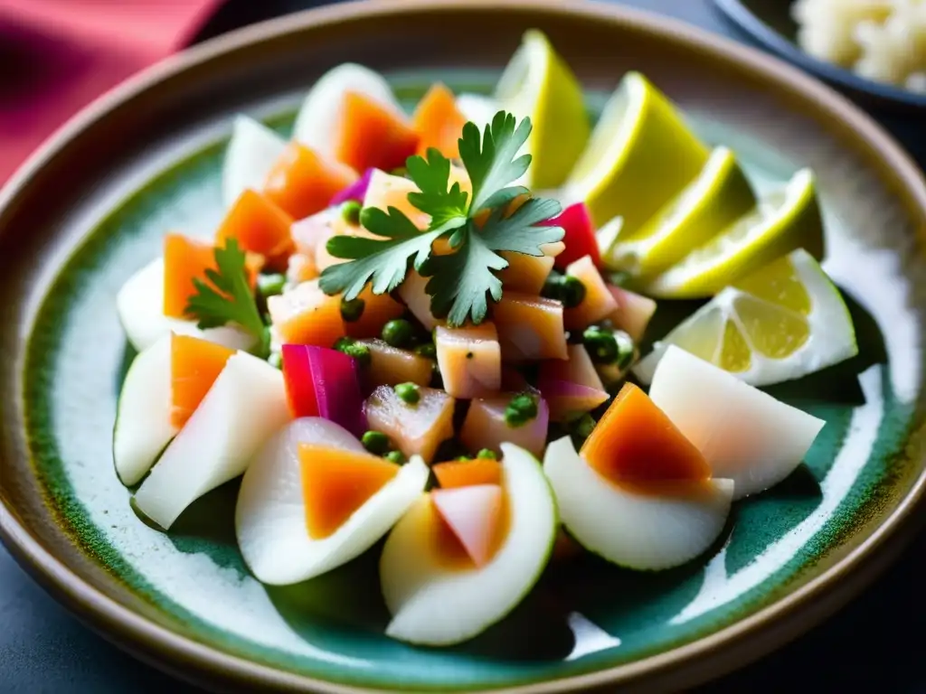 Una adaptación andina del ceviche de trucha, resaltando colores y texturas vibrantes en un plato de cerámica