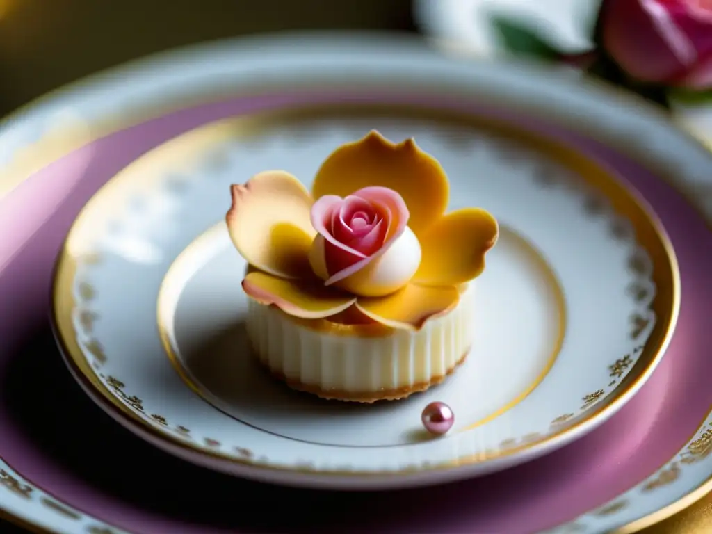 Un petit four adornado con una rosa de azúcar, detalles en oro y perlas comestibles en un plato de porcelana