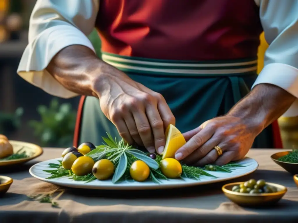 Las ágiles manos del chef romano adornan platos antiguos con hierbas y aceite, destacando la influencia fiestas gastronomía romana