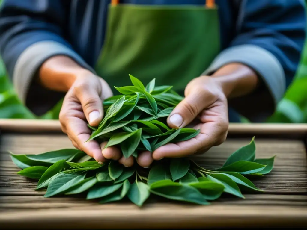 Un agricultor anciano y experimentado selecciona con cuidado hojas de té chino, destacando la importancia histórica del consumo de té