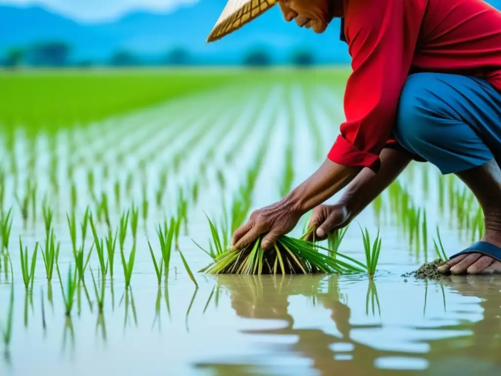 Un agricultor asiático planta con destreza plántulas de arroz en un campo inundado, destacando la esencia del cultivo de arroz en la cocina asiática