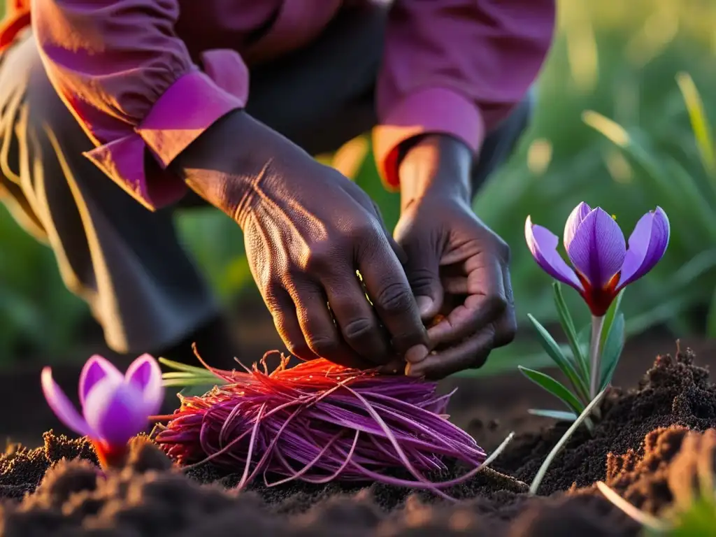 Un agricultor experto cosecha cuidadosamente los delicados estigmas rojos del azafrán en África, mostrando la historia del azafrán en África