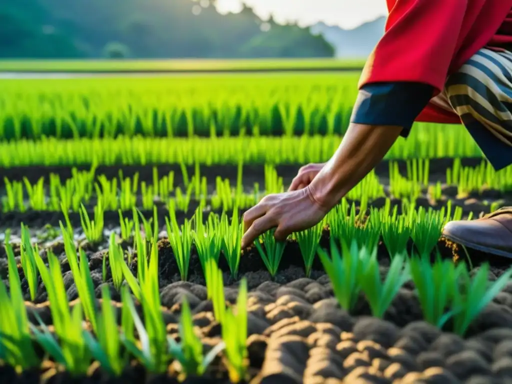 Un agricultor japonés medieval plantando arroz en un campo verde exuberante