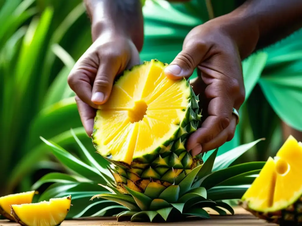 Un agricultor local corta una jugosa piña dorada, con detalle y brillo, en un entorno tropical