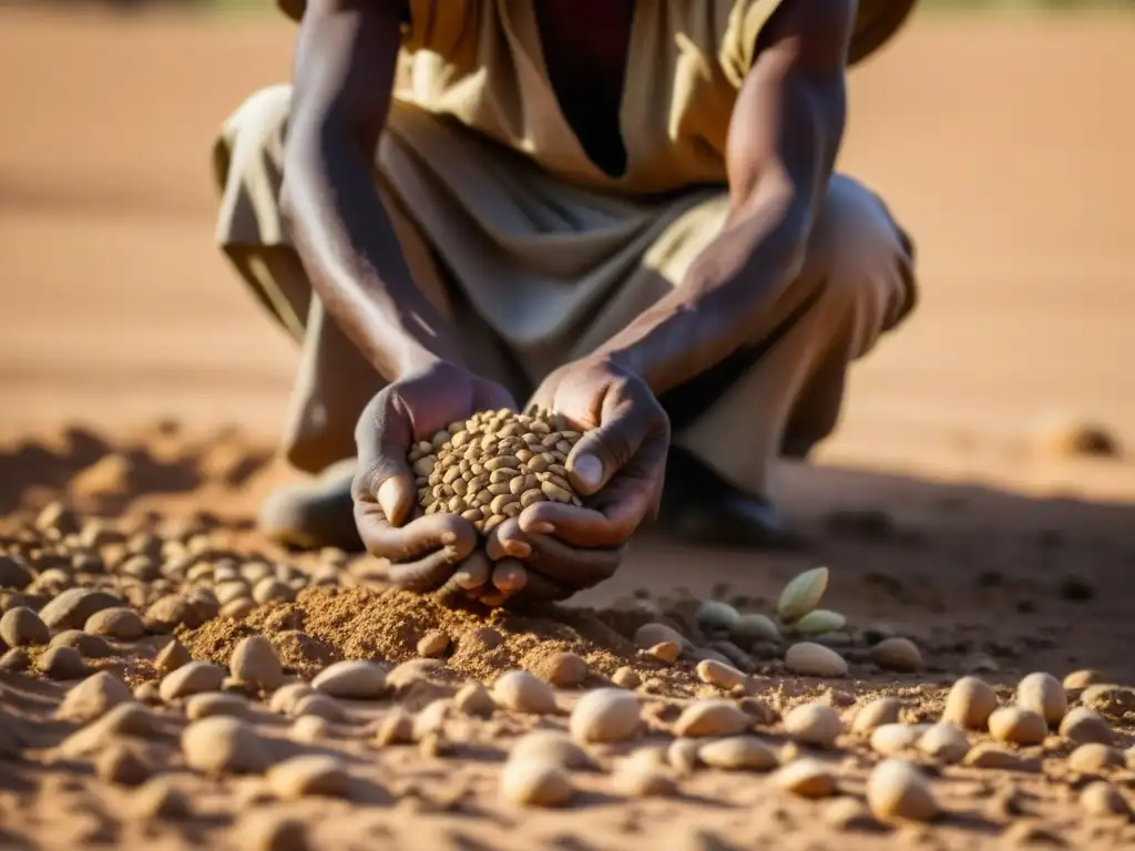 Un agricultor local en la región del Sahel siembra semillas en la árida tierra, reflejando las prácticas agrícolas tradicionales de la zona