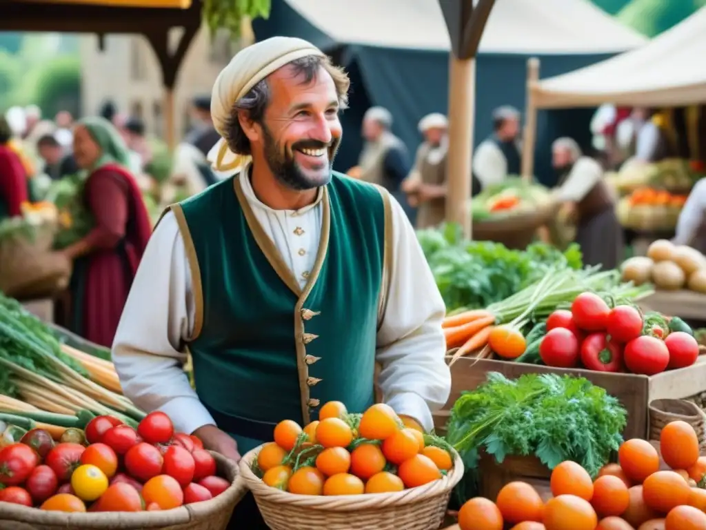 Un agricultor medieval muestra sus recetas históricas orgánicas en un bullicioso mercado de la cultura medieval