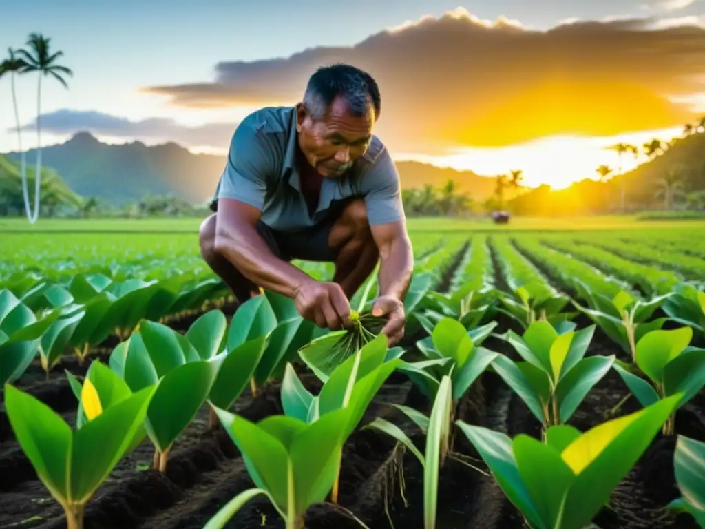 Un agricultor micronesio tradicional planta taro al amanecer, resaltando las prácticas ancestrales de cultivo en Micronesia