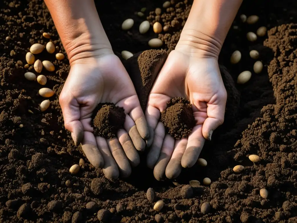 Un agricultor sabio siembra con cuidado semillas ancestrales en la tierra, resaltando la importancia de los cultivos orgánicos ancestrales