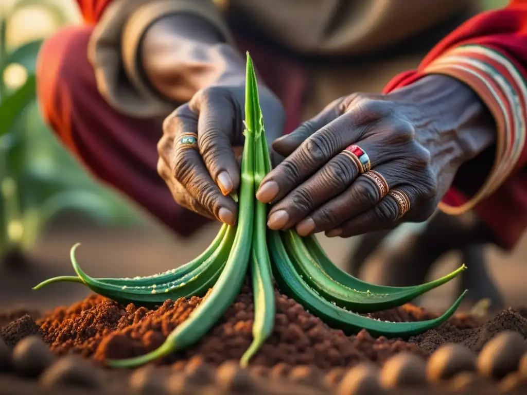 Un agricultor saheliano planta semillas de okra en la rica tierra roja, mostrando la conexión entre prácticas agrícolas y la cocina saheliana