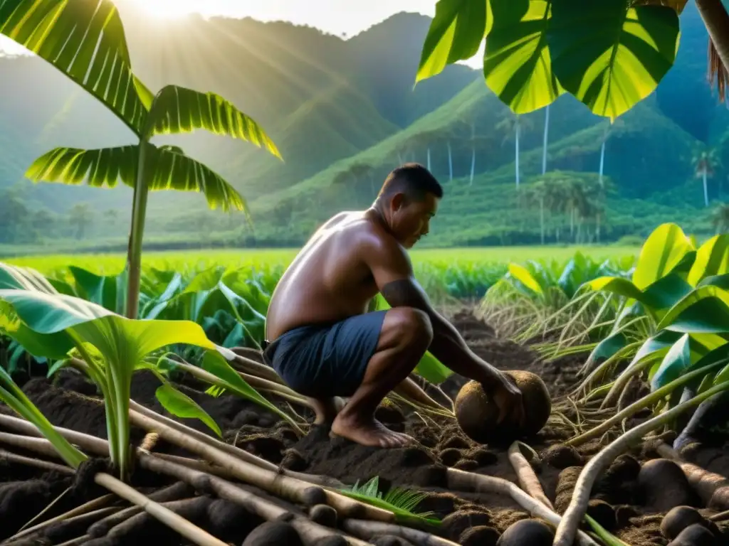 Un agricultor tradicional de las Islas del Pacífico cosechando ñame en un campo tropical exuberante, resaltando la dieta precolonial