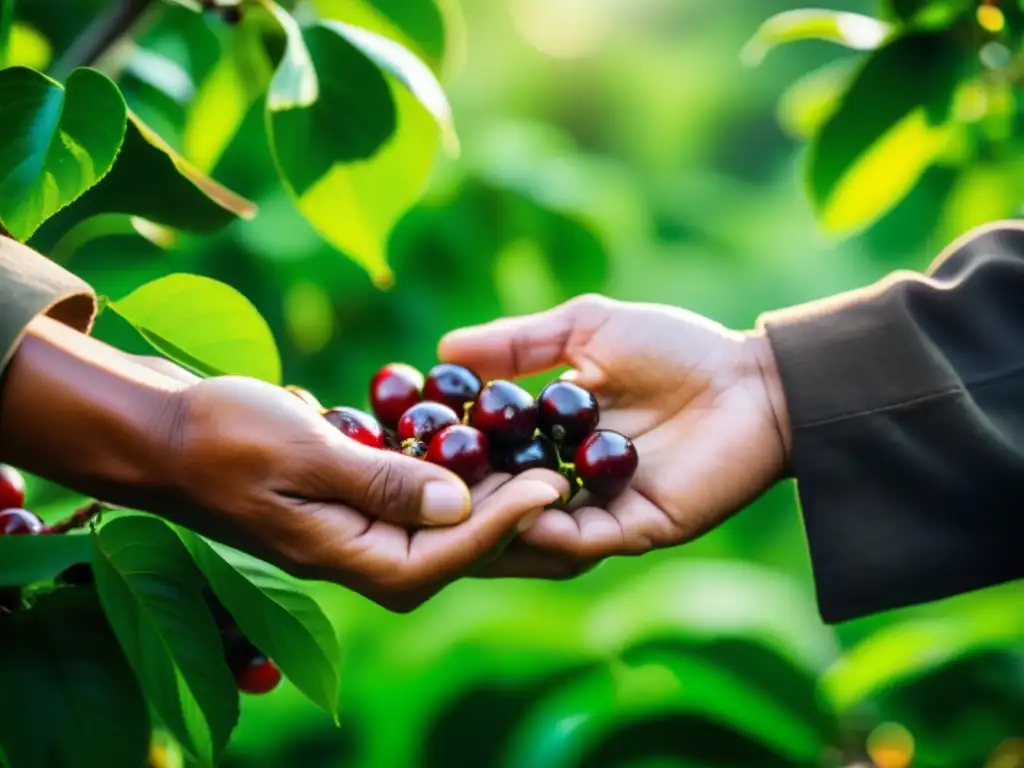 Un agricultor vietnamita experto recolectando cerezas de café, resaltando la destreza y la historia del café vietnamita