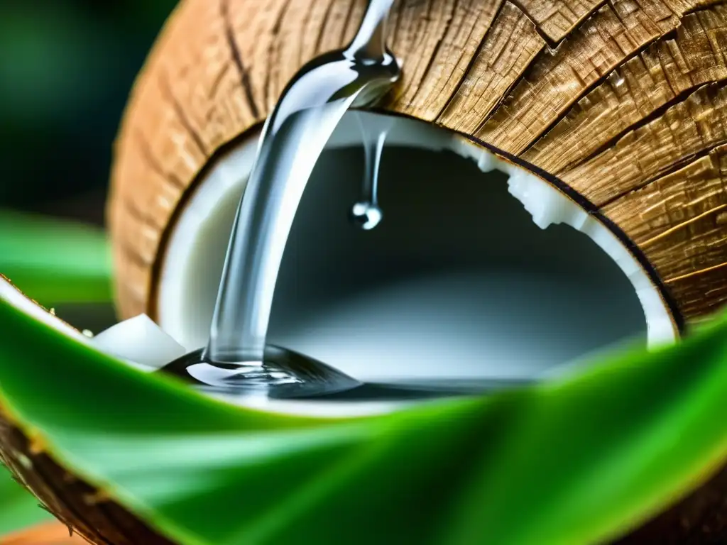 Agua de coco fresca goteando de un coco recién abierto, resaltando los beneficios de hidratación natural