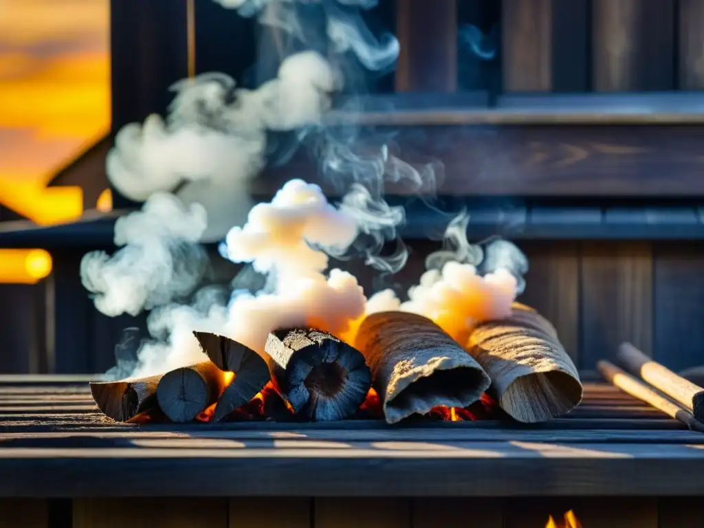 Un ahumadero histórico con siglos de historia del ahumado en cocina, envuelto en fragante humo con luz dorada al atardecer