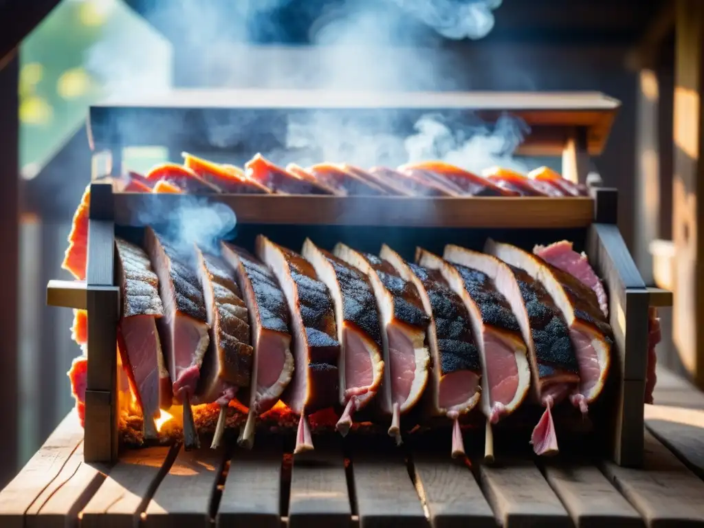 Un ahumadero tradicional lleno de cortes de carne colgados para curar, envuelto en humo fragante y luz cálida