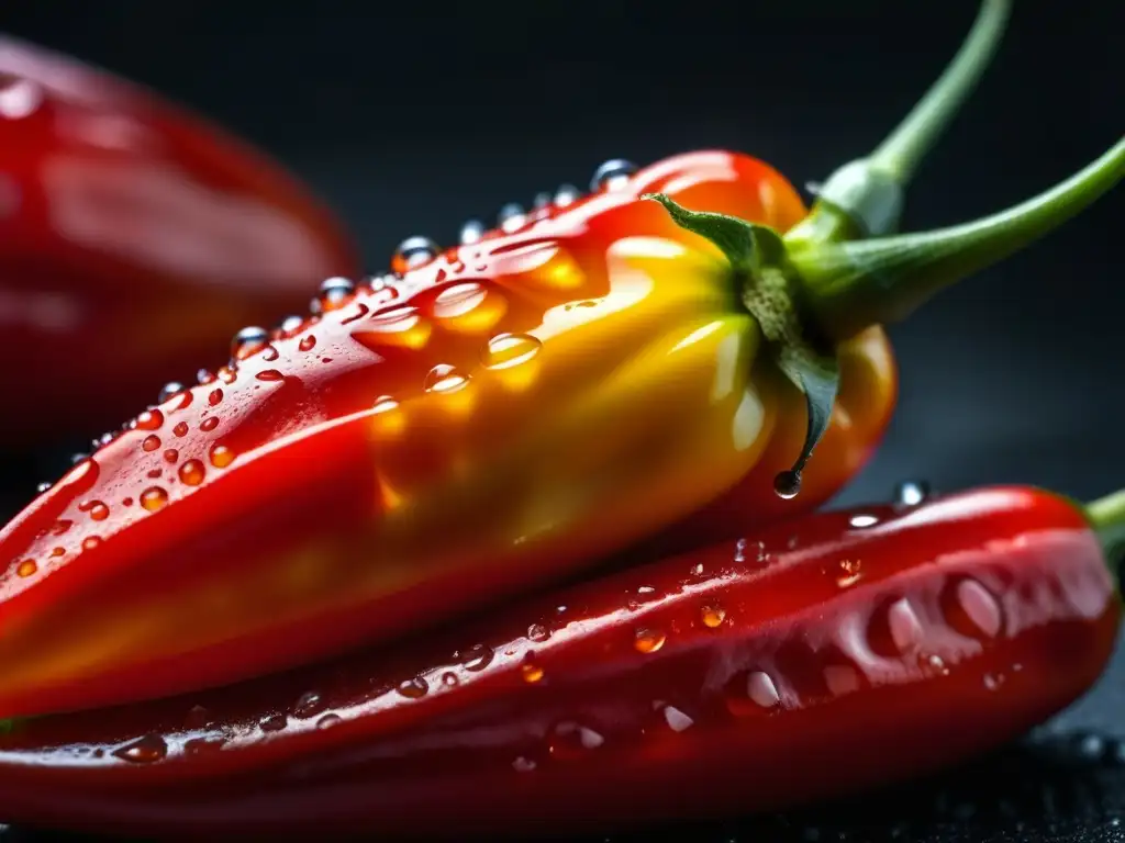 Un aji amarillo rojo brillante en primer plano, con gotas de agua en su piel, sobre fondo oscuro