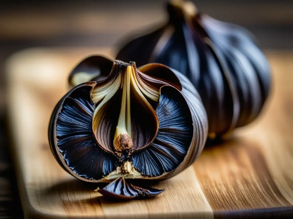 Ajo negro: detalle de un diente sobre tabla de madera, iluminado por luz suave