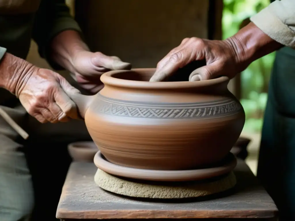 Un alfarero experto moldea con destreza una olla de barro tradicional en su torno