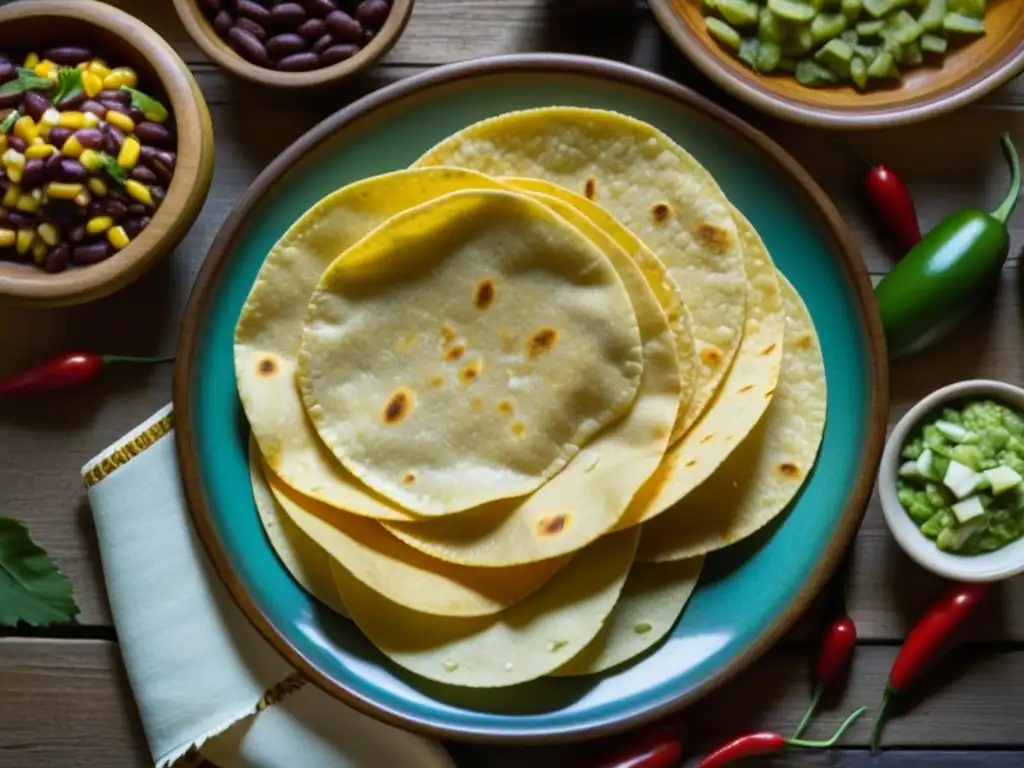 Alimentos básicos durante la Revolución: Mesa de madera rústica con tortillas de maíz, frijoles, chiles y nopales