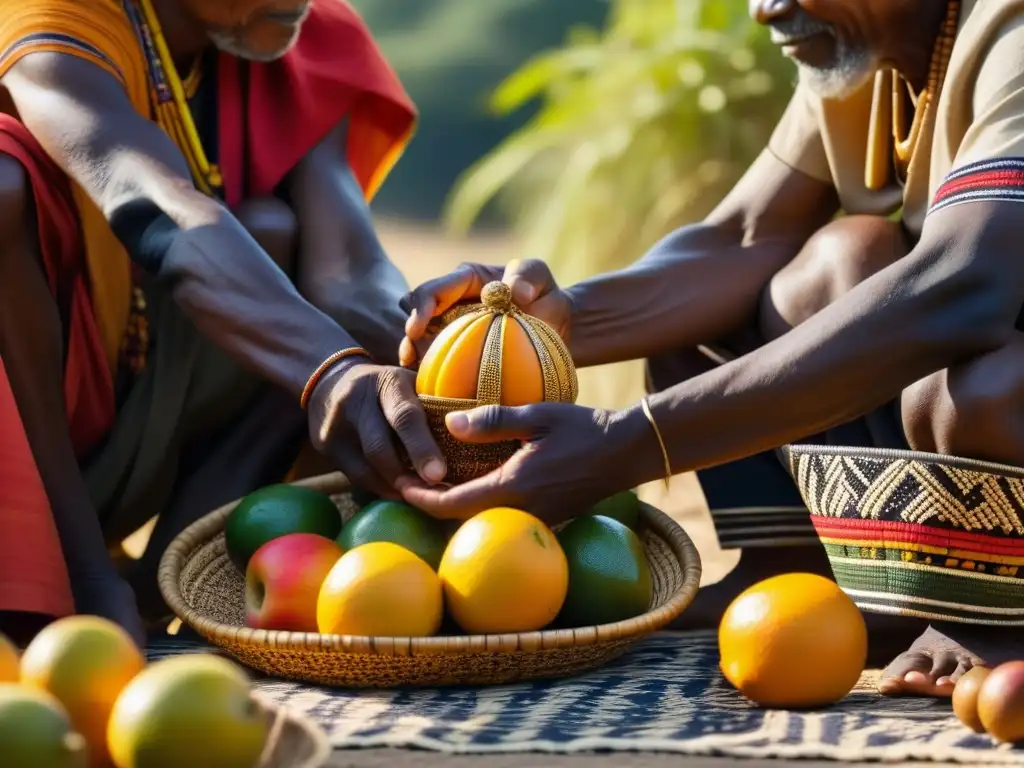 Alimentos ceremoniales en África precolonial: Ancianos tribales organizando frutas y granos con delicadeza bajo la luz dorada de la mañana