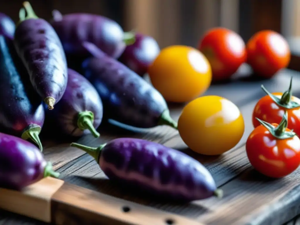 Alimentos europeos en dieta indígena: vibrantes vegetales sobre mesa rústica, texturas y colores resaltados por la luz solar