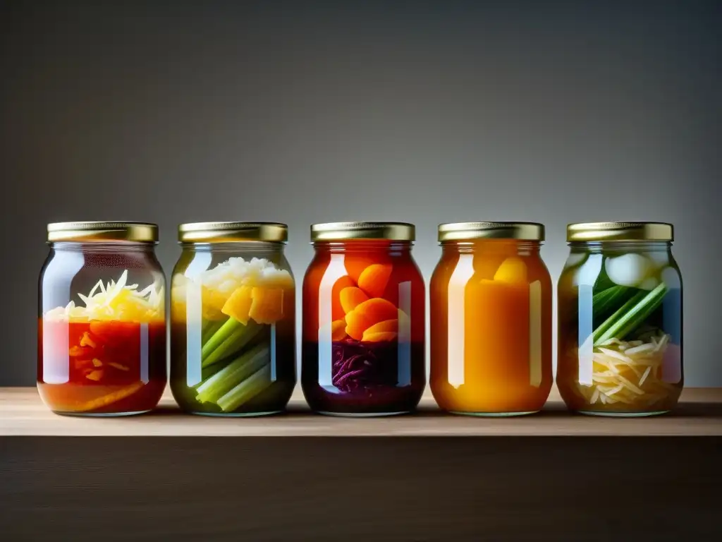 Alimentos fermentados antiguos beneficios: Detalle vibrante de kimchi, chucrut y miso en frascos, con fermentación burbujeante e historia rica