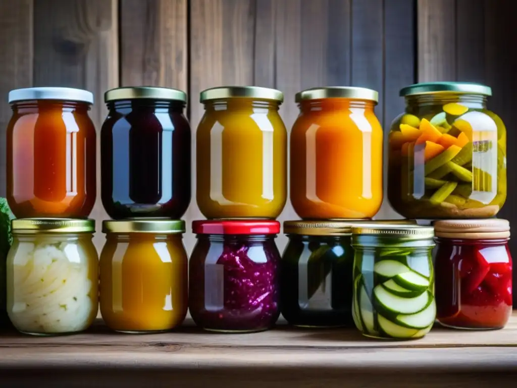 Alimentos fermentados en gastronomía histórica: variedad de colores y texturas en una mesa rústica