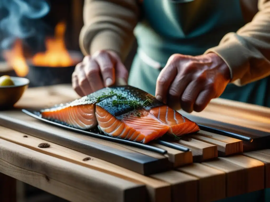 Conservación de alimentos en las tierras nórdicas: Un pescador escandinavo coloca delicadamente filetes de salmón fresco en una rejilla de ahumado de madera