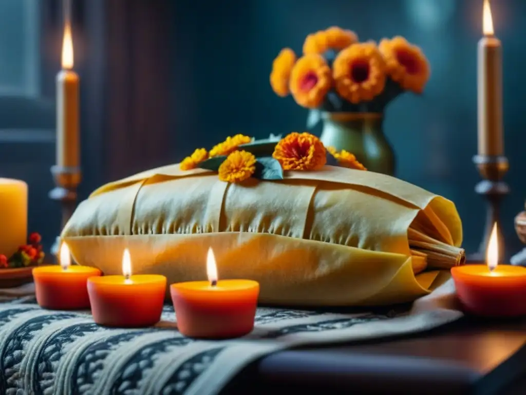 Un altar colorido con comidas para ofrendas históricas culturales en el Día de los Muertos