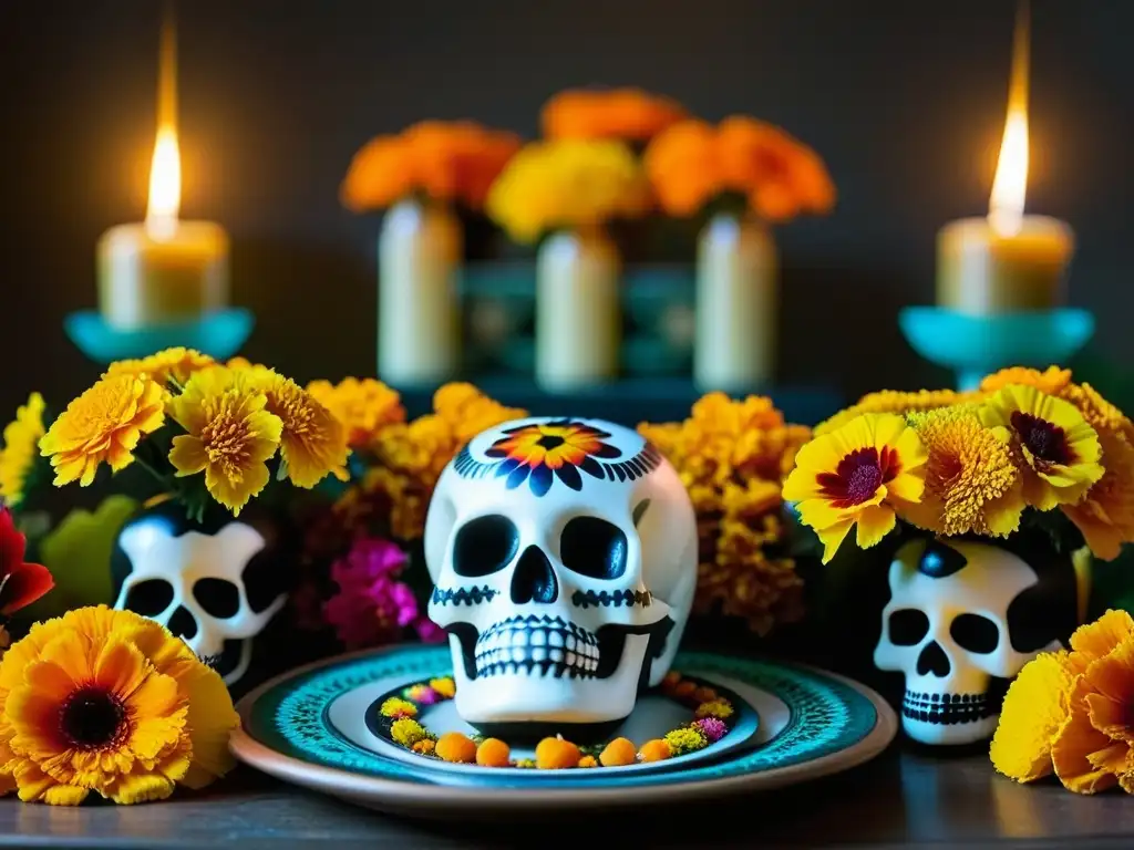 Un altar de ofrenda para Día de los Muertos con flores, calaveras de azúcar, velas y recetas ancestrales