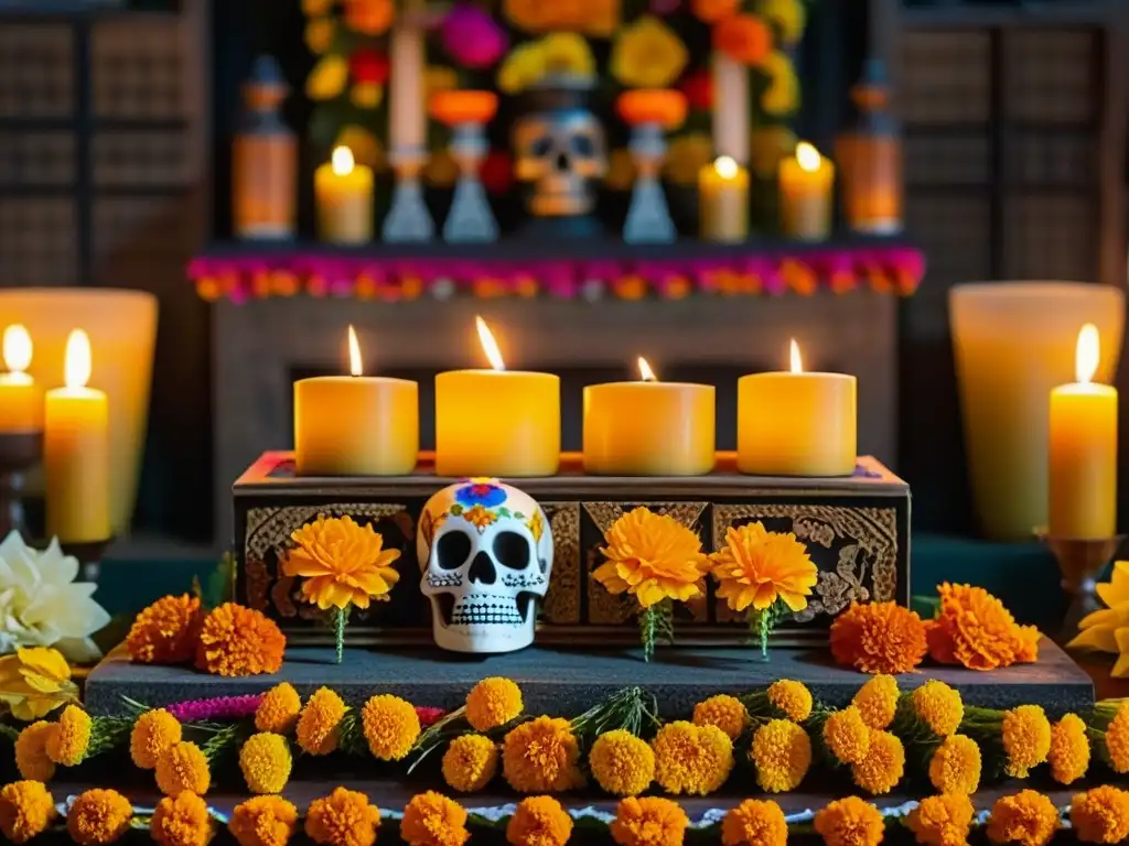 Un altar de ofrenda en Michoacán durante La Noche de Muertos, con detalles coloridos y emotivos