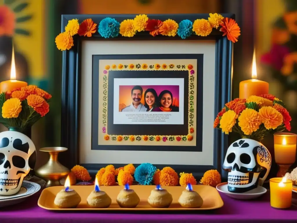 Un altar de ofrenda tradicional mexicano para el Día de los Muertos con detalles vibrantes y recetas ancestrales