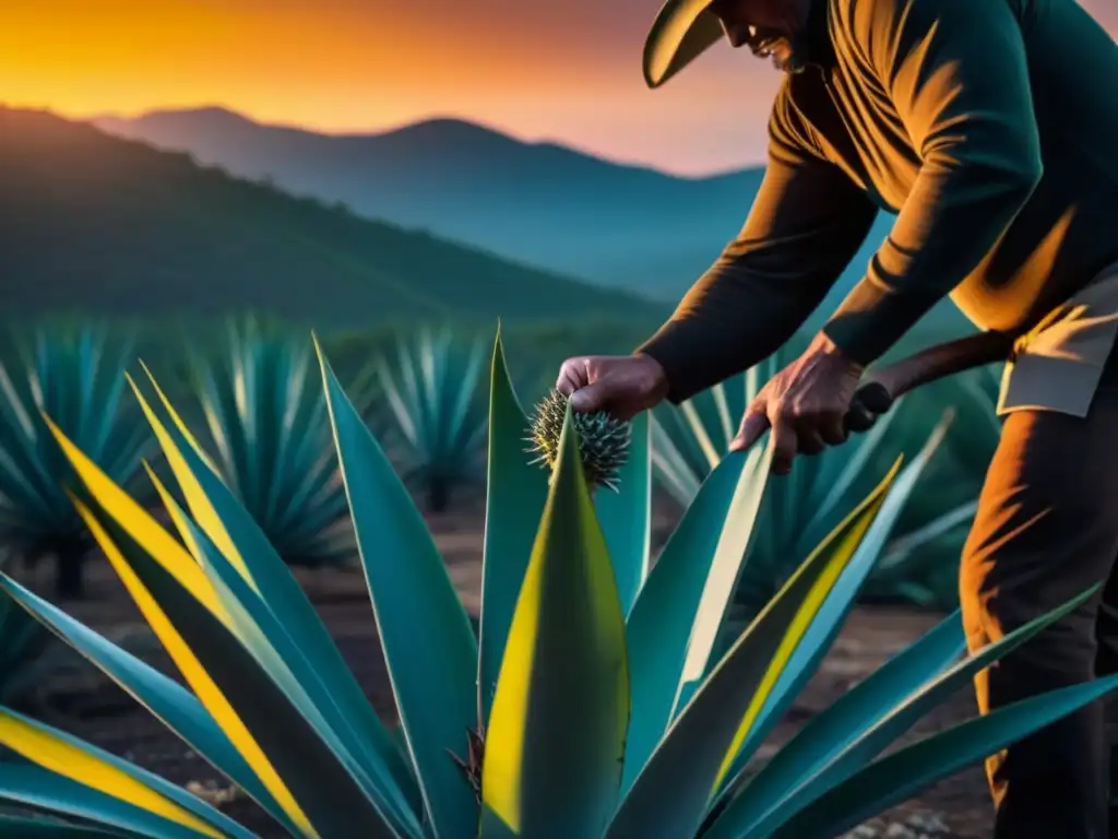 Un amanecer dorado: el jimador cosecha un agave, mostrando la historia del mezcal y tequila