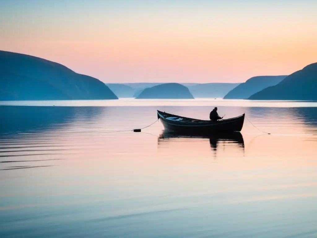 Un amanecer sereno en un fiordo escandinavo con agua tranquila reflejando tonos pastel del cielo, y un barco pesquero distante