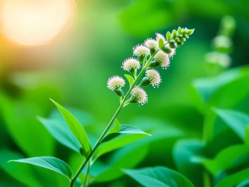 Planta de amaranto: vitalidad y belleza natural Un amaranto verde vibrante baila suavemente al viento, revelando sus detalles mientras la luz solar lo ilumina