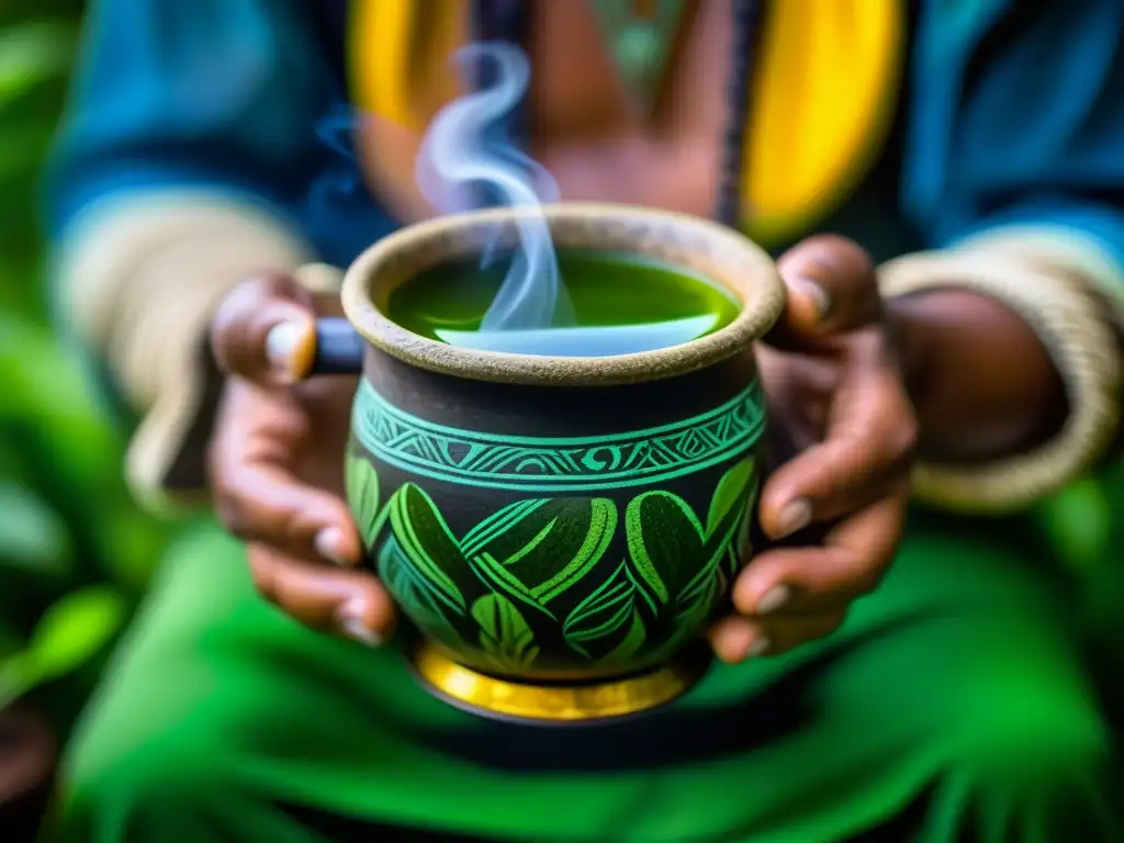 Un chamán amazónico sostiene una taza de té de guayusa en un ritual matutino, entre la exuberante vegetación