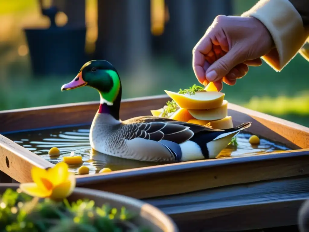 En un ambiente barroco, un granjero alimenta a un pato para crear foie gras